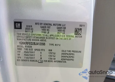 2011 Chevrolet Traverse Ls из США, поврежденный, VIN 1GNKRFED2BJ412096